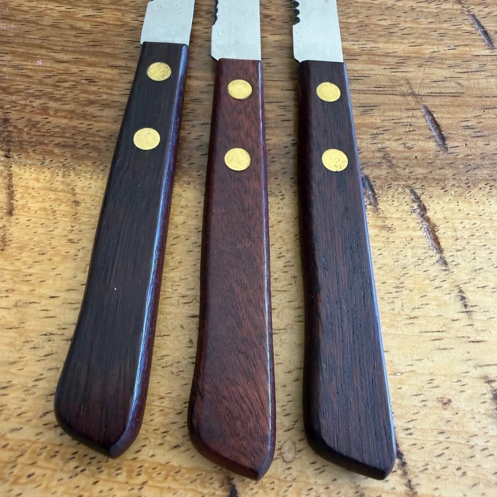 Hanford Forge Steak Knives Set of 3 Serrated Stainless Japan Wood Handle Brass